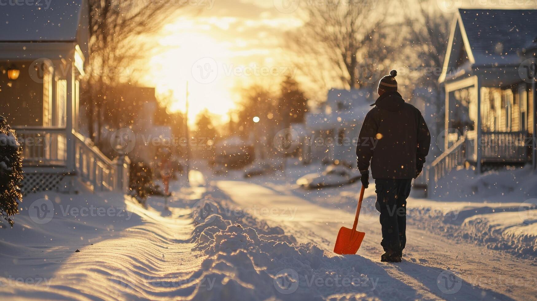 A man walking down a snowy street with a shovel photo