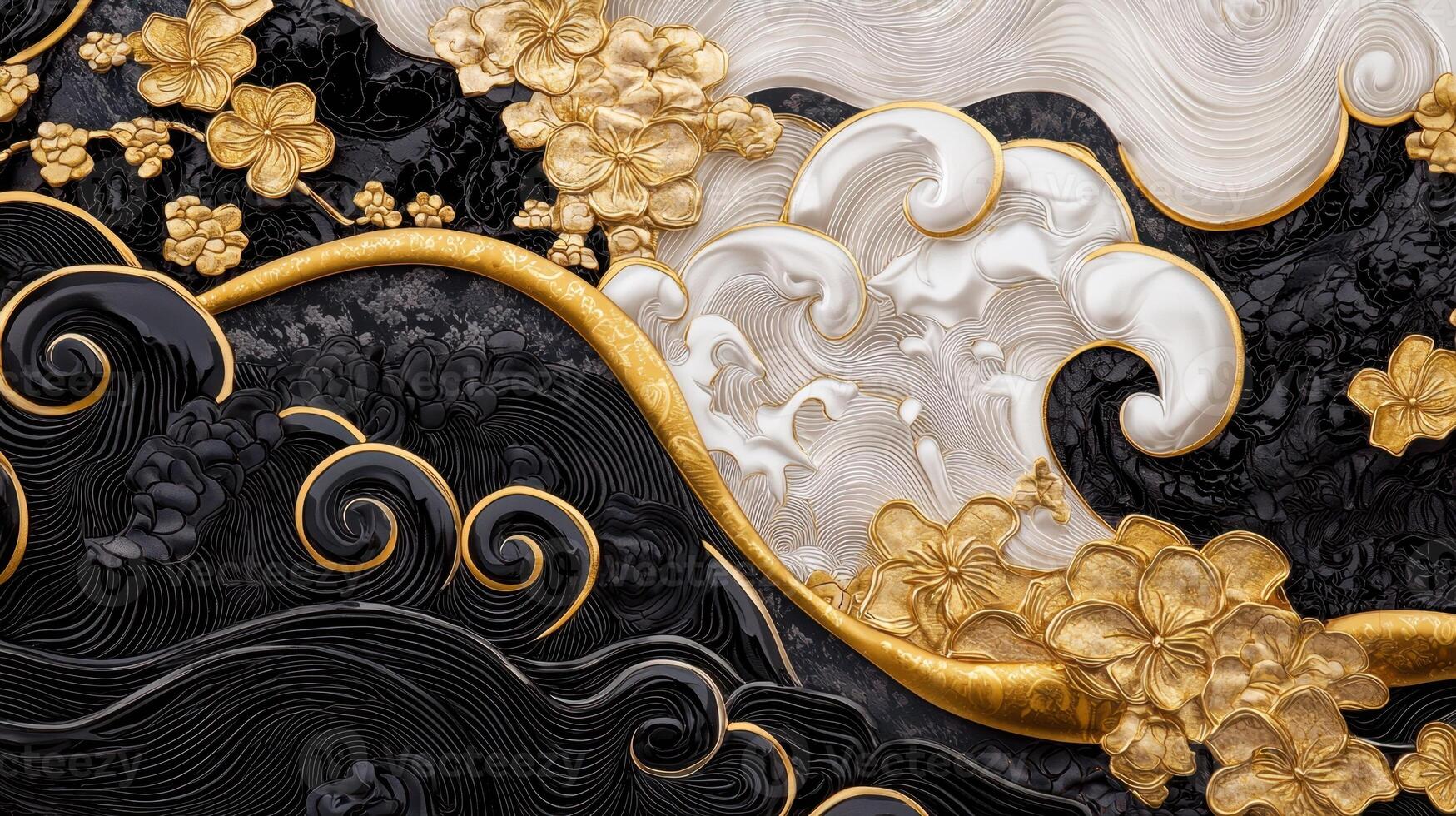 A black and white painting with gold and white flowers photo