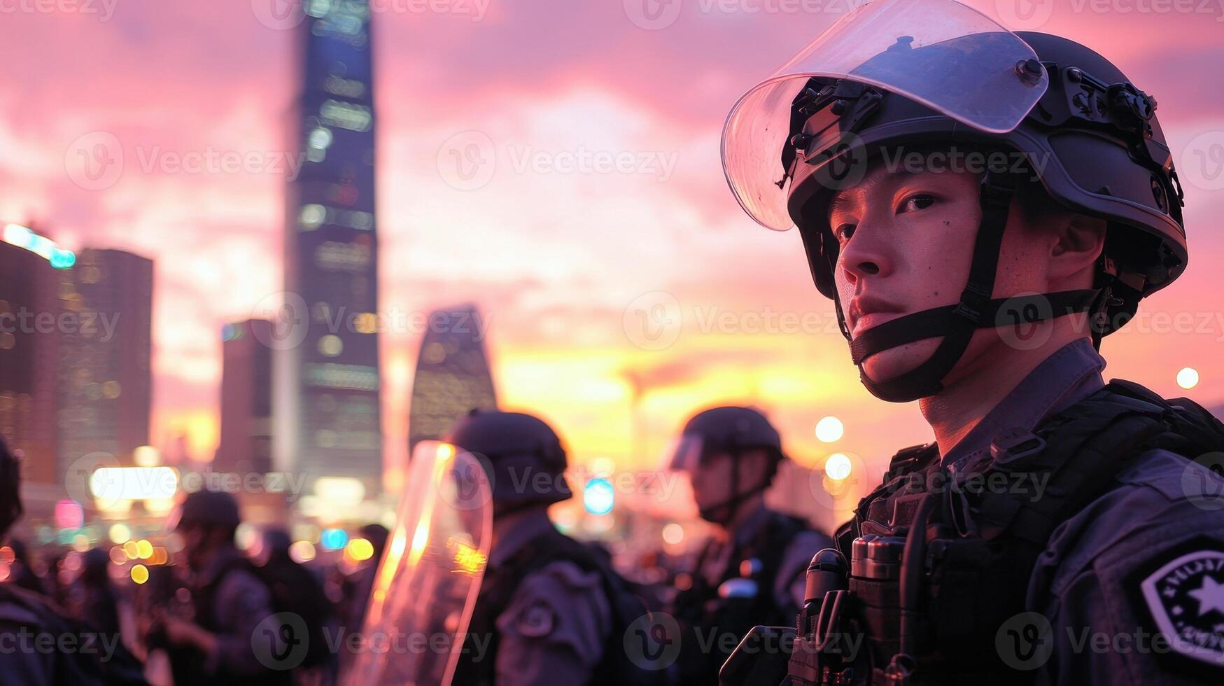 A man in a police uniform is standing in front of a crowd photo