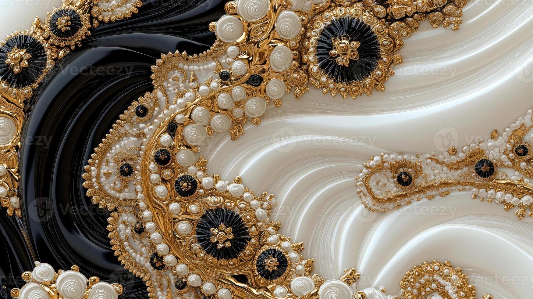 A black and white image of a gold and white design photo