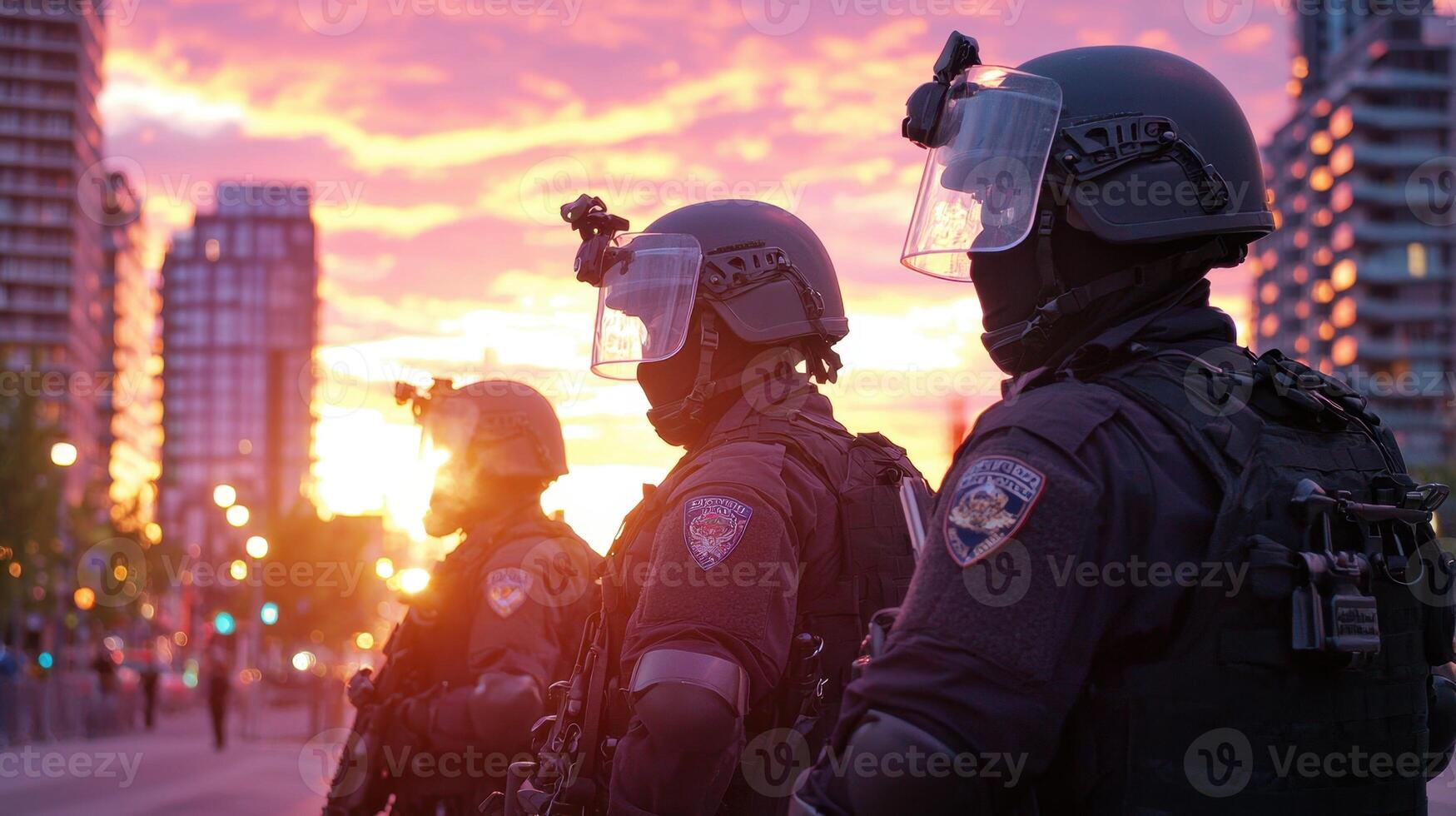 Three police officers in uniform standing in front of buildings photo