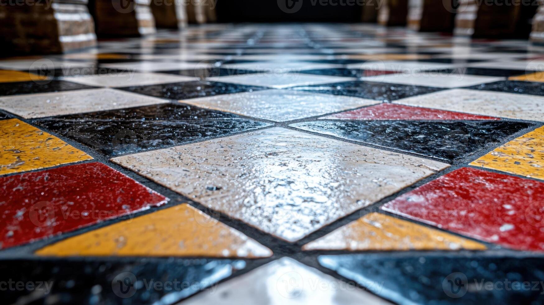 A close up of a tiled floor with red, yellow and black squares photo