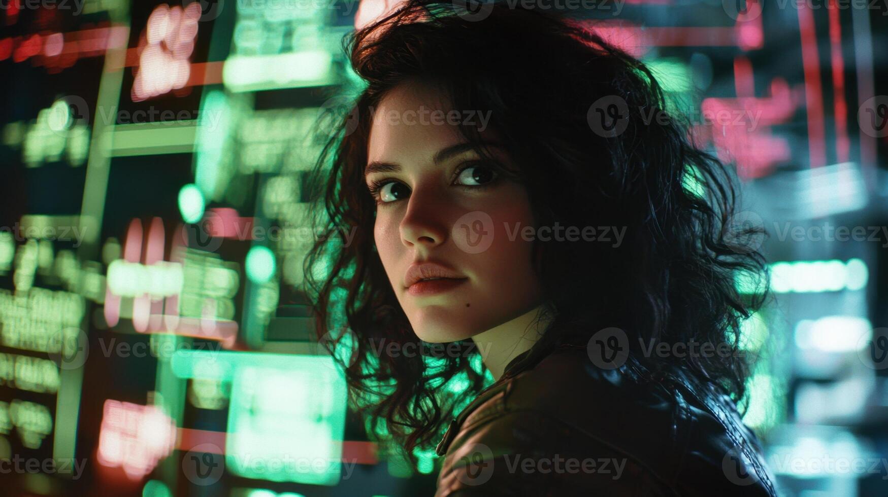 A woman looking at a computer screen photo