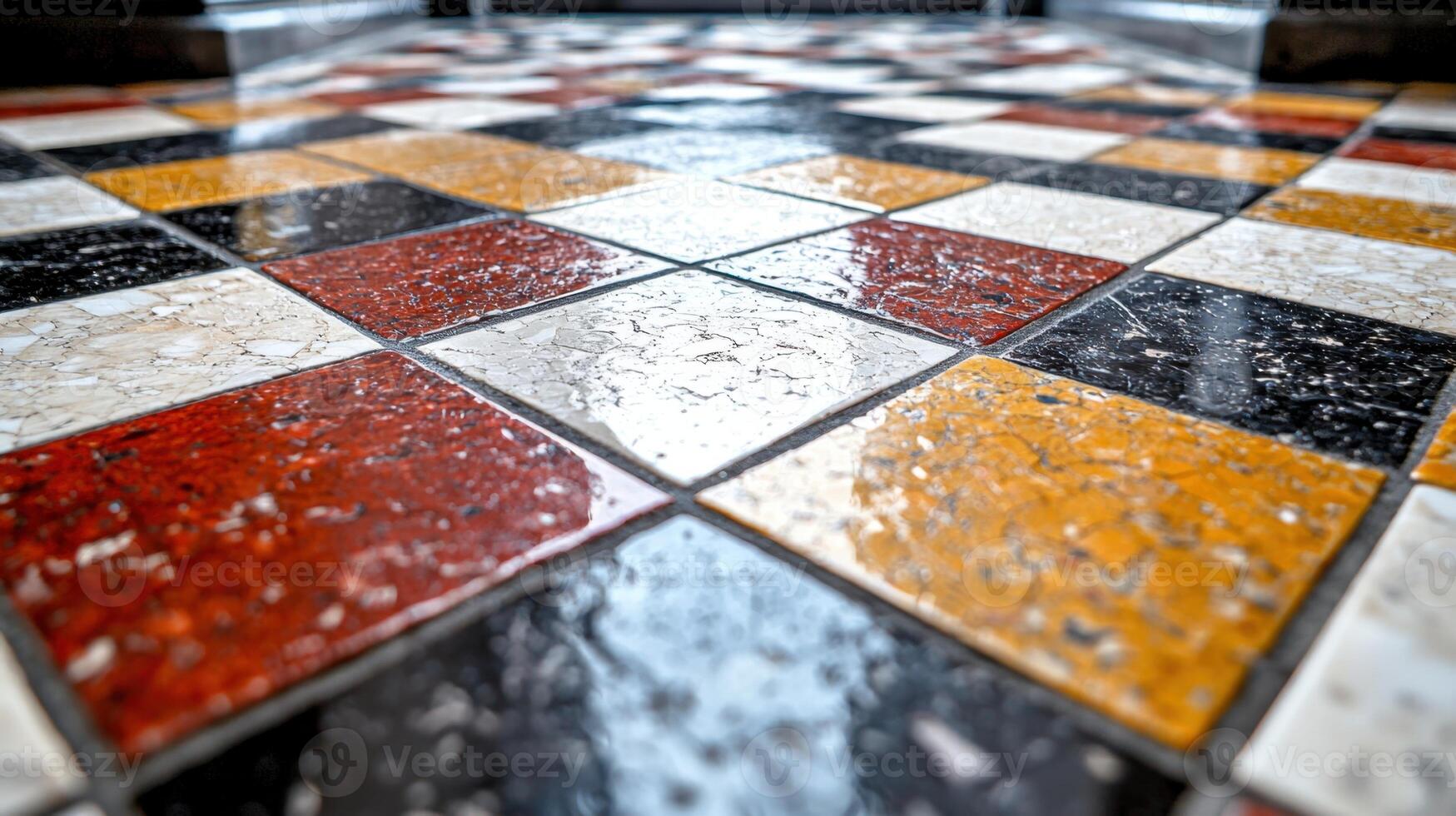 A close up of a tiled floor with colorful squares photo