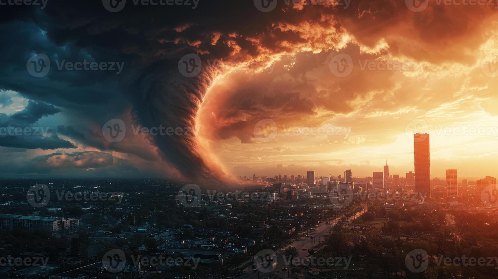 A tornado is seen over a city at sunset photo