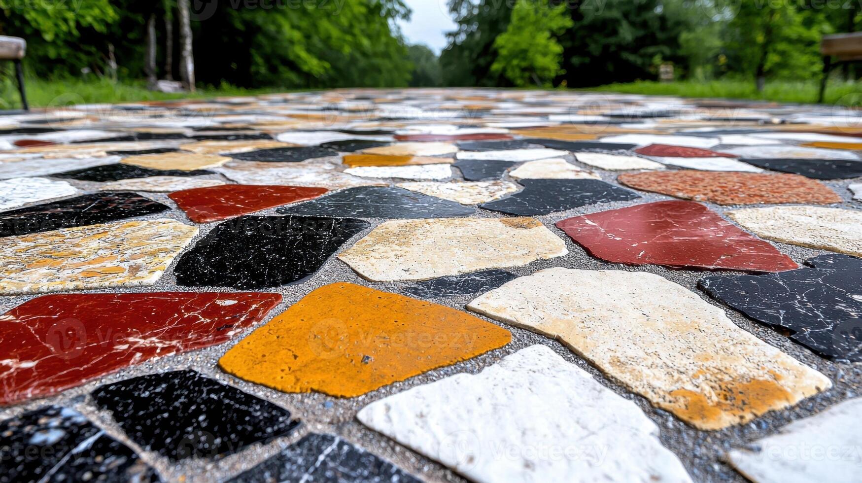 A colorful mosaic tile floor in a park photo