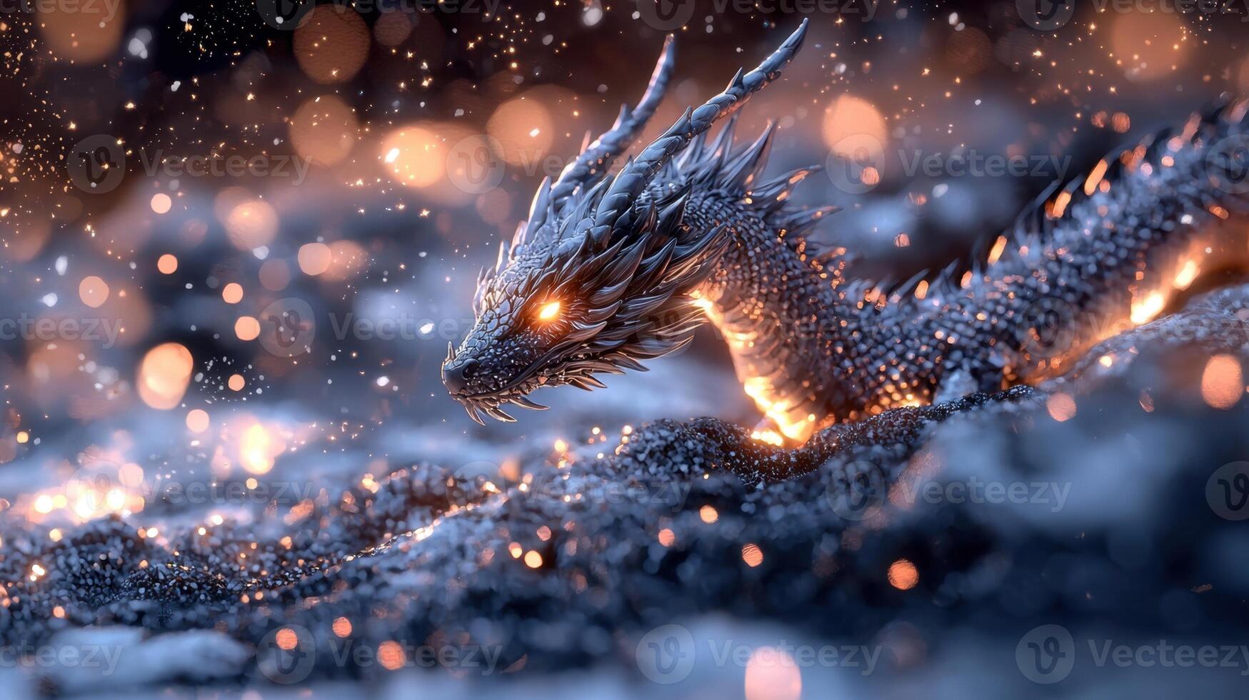 A dragon is sitting in the snow with its eyes glowing photo