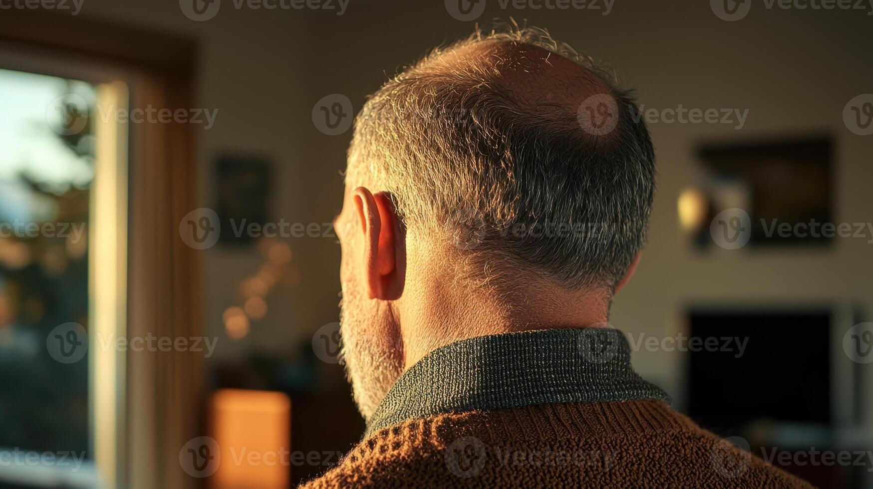 A man looking out the window at the sun photo