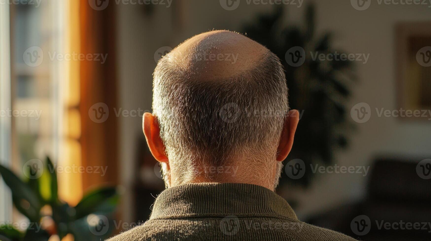 A bald man with a bald head looking out the window photo
