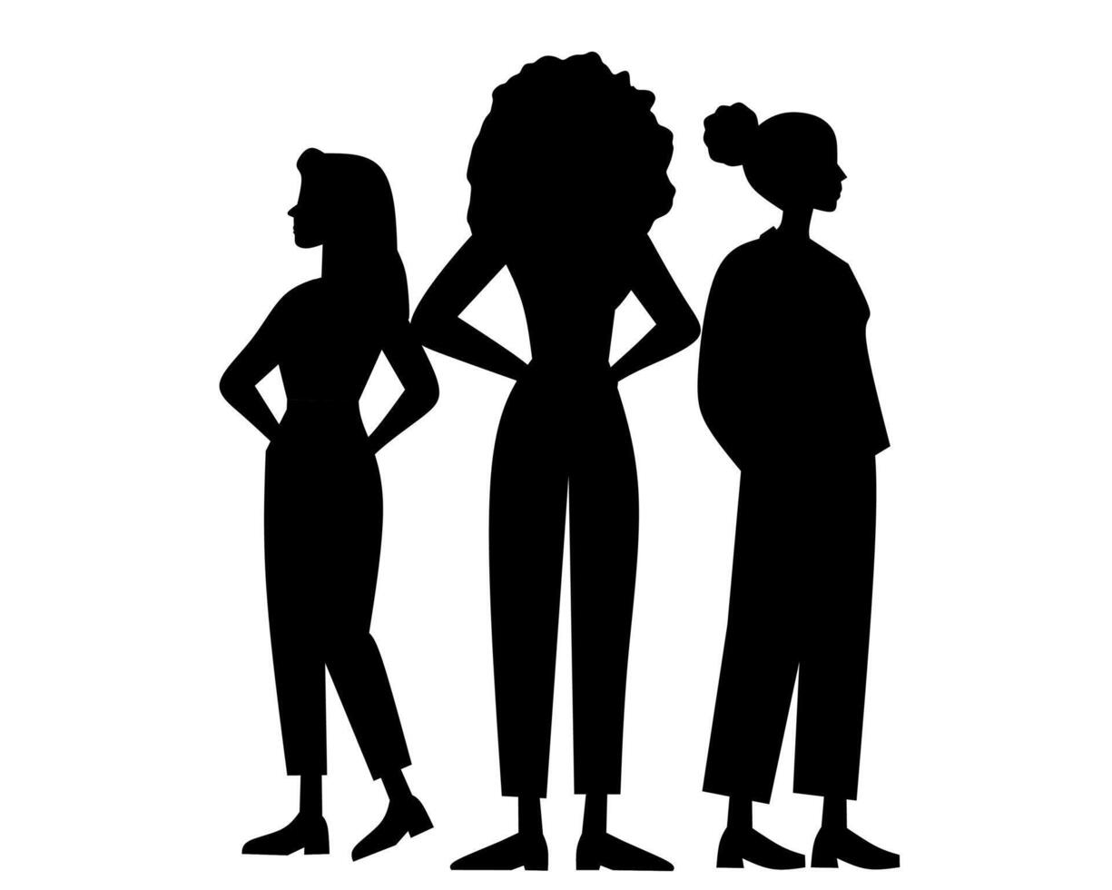 Silhouette of three diverse women standing together. Perfect for feminism, empowerment, and diversity themes. Ideal for posters, banners, and social awareness campaigns vector
