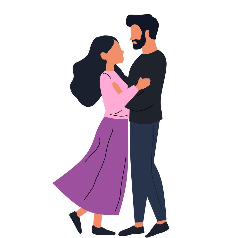 Romantic couple dancing together, woman in purple skirt and man in black outfit. Flat illustration of love, relationship, and intimate moments vector