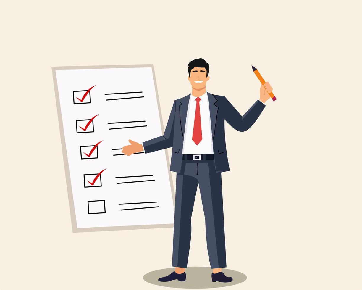 illustration of a businessman holding a checklist with completed tasks, smiling confidently. Perfect for productivity, goal setting, time management, and success concepts vector