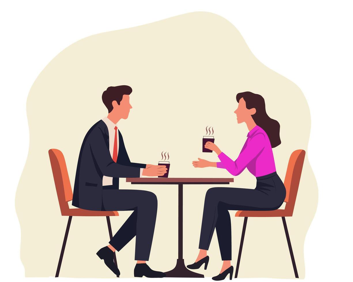 illustration of a businessman and businesswoman having a coffee break at a cafe. Concept of networking, business meeting, teamwork, relaxation, and professional discussion vector