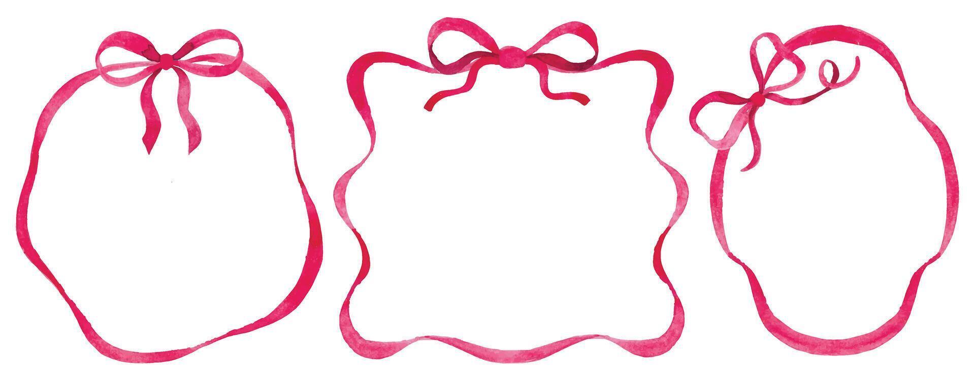 set of frames of pink ribbon with a bow. watercolor illustration vector