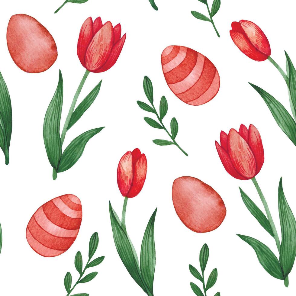 easter seamless pattern with pink tulips and easter eggs. watercolor print vector