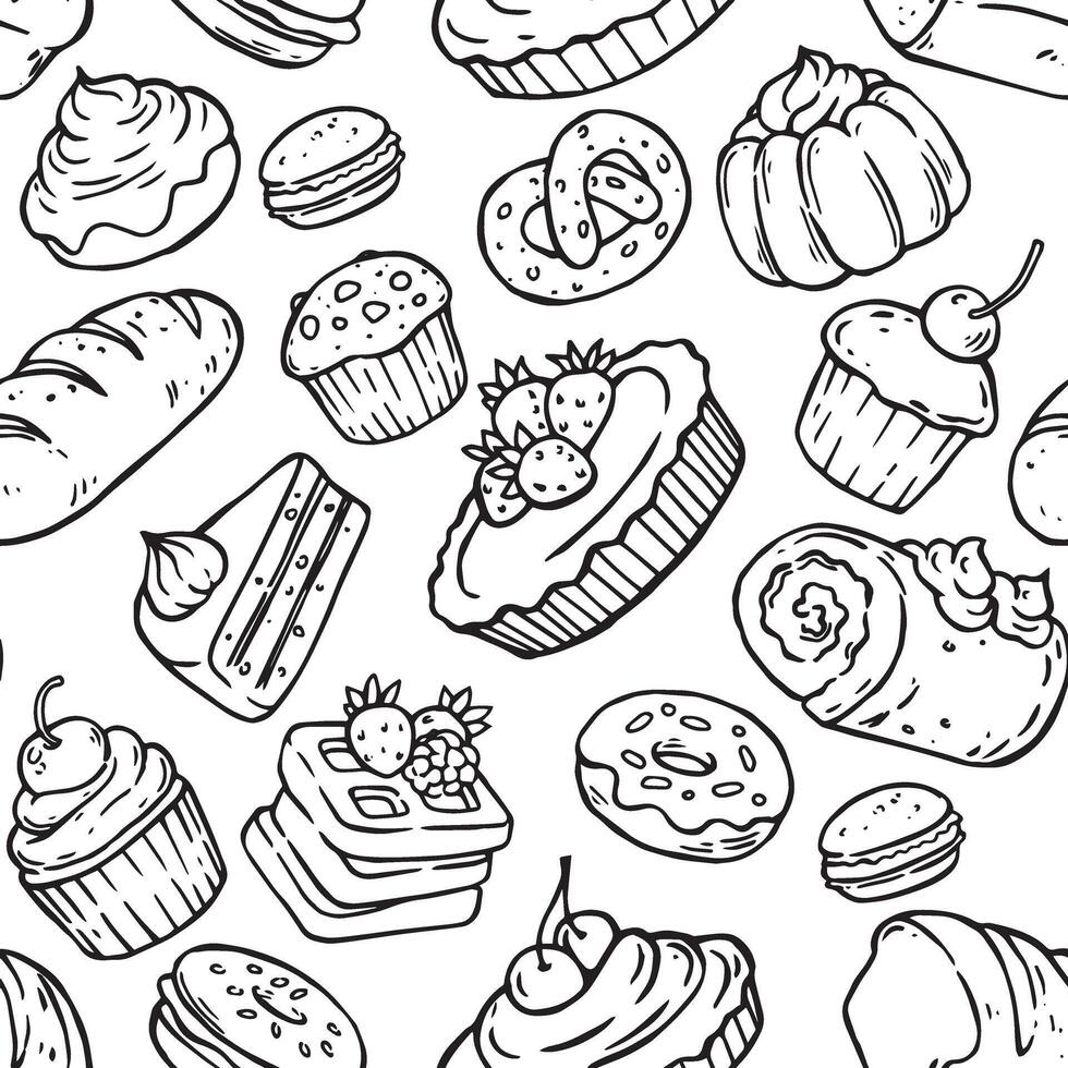 Seamless pattern with pastries, desserts and cakes. Image in doodle style vector