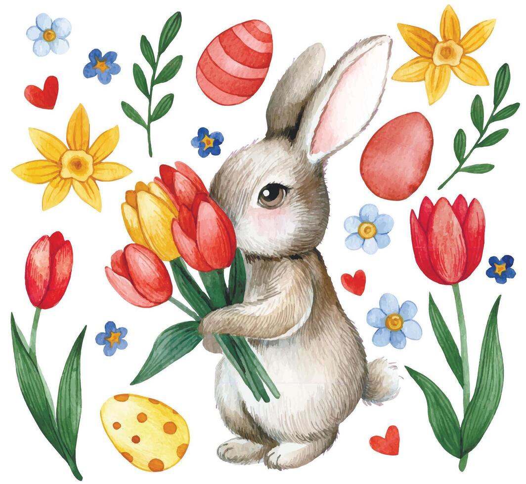 easter set with cute bunny with tulips and easter eggs. watercolor image vector