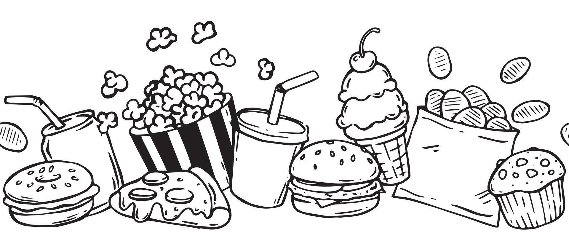 Seamless border on the theme of fast food, pizza, burger, ice cream and soda. illustration in doodle style vector