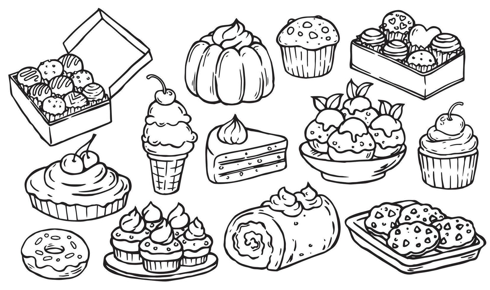 Set of sweets, desserts, cakes and chocolate. illustration in doodle style vector