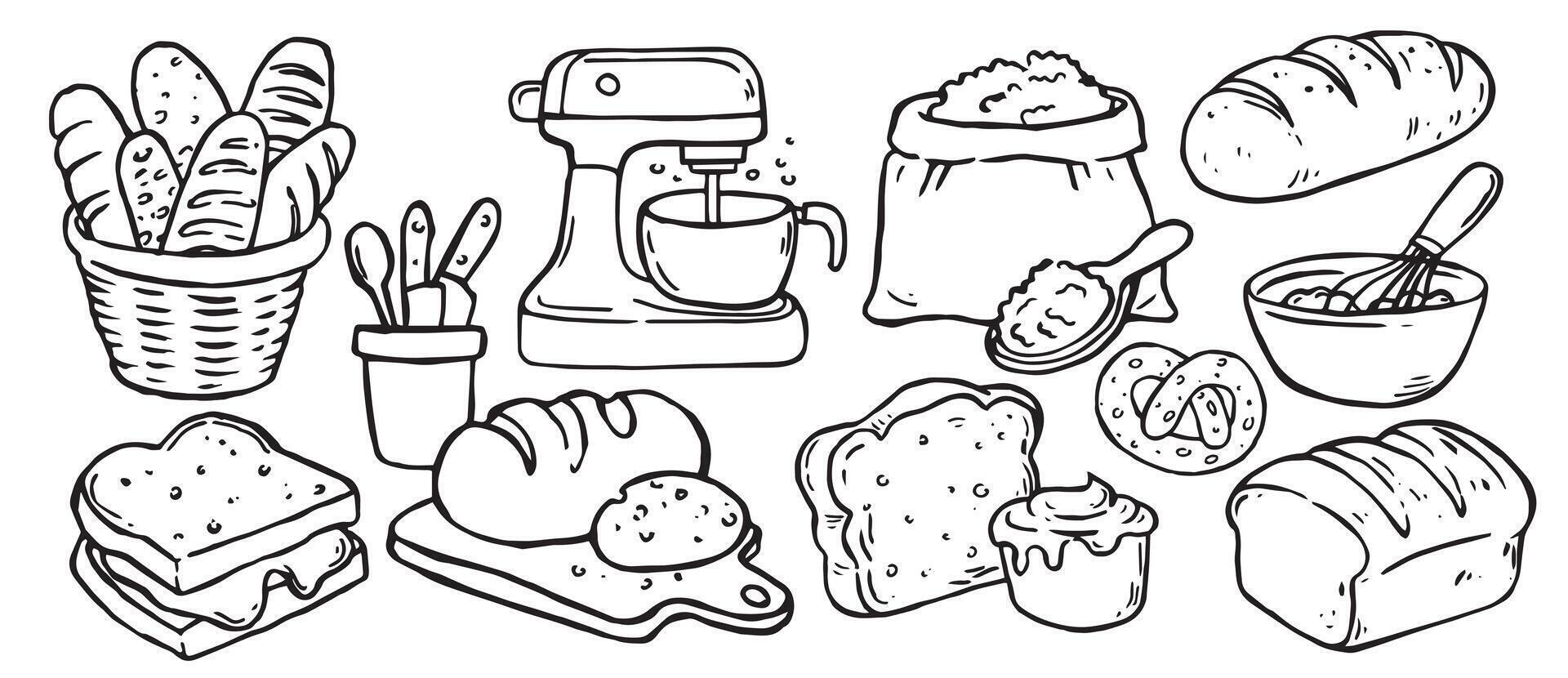 set of baking bread, bakery. illustration in doodle style vector