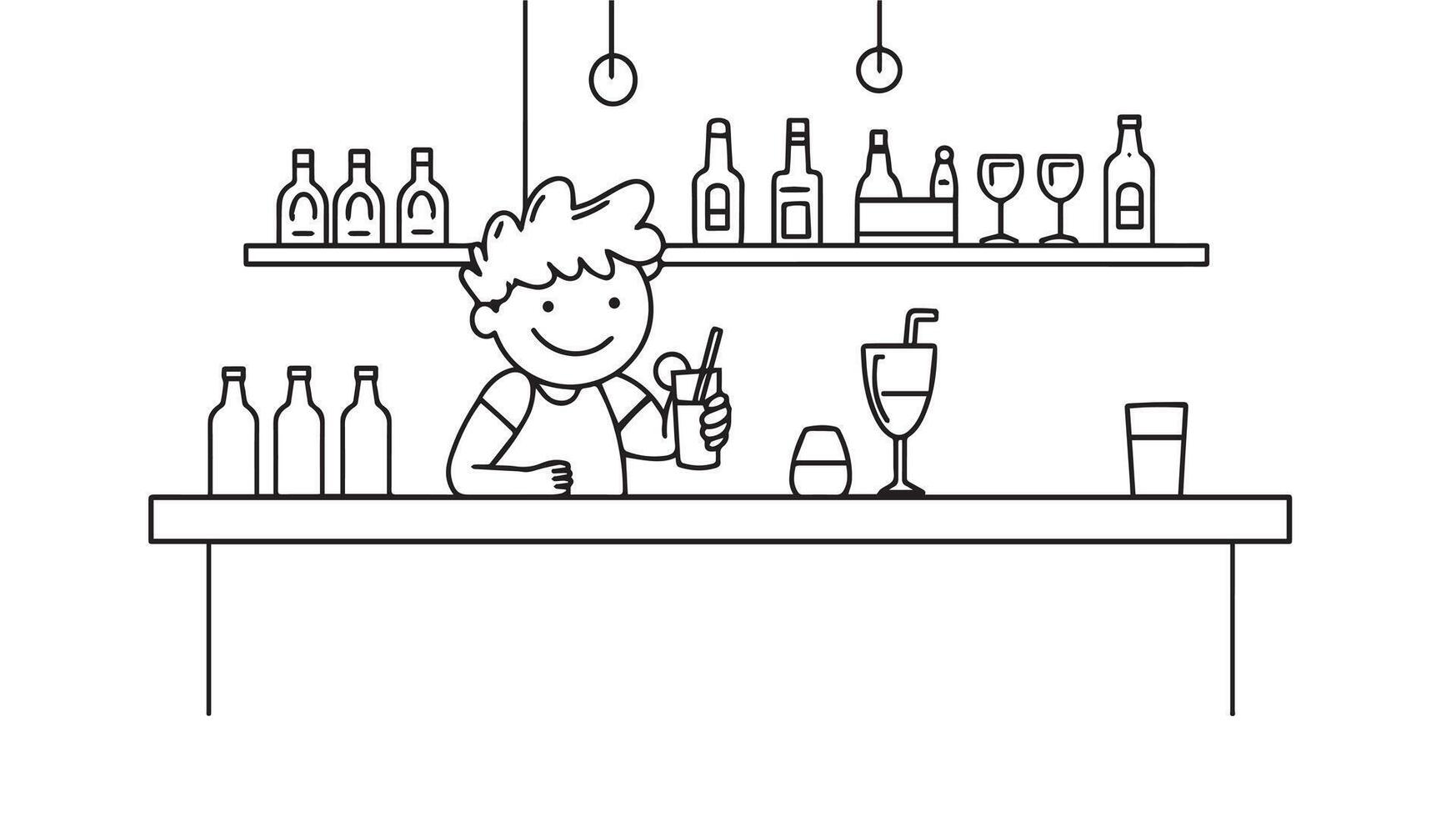 Satisfied barman at the counter holding a glass with a drink. Illustration of a cartoon doodle waiter stickman mixing a cocktail. Isolated character on a white background. vector
