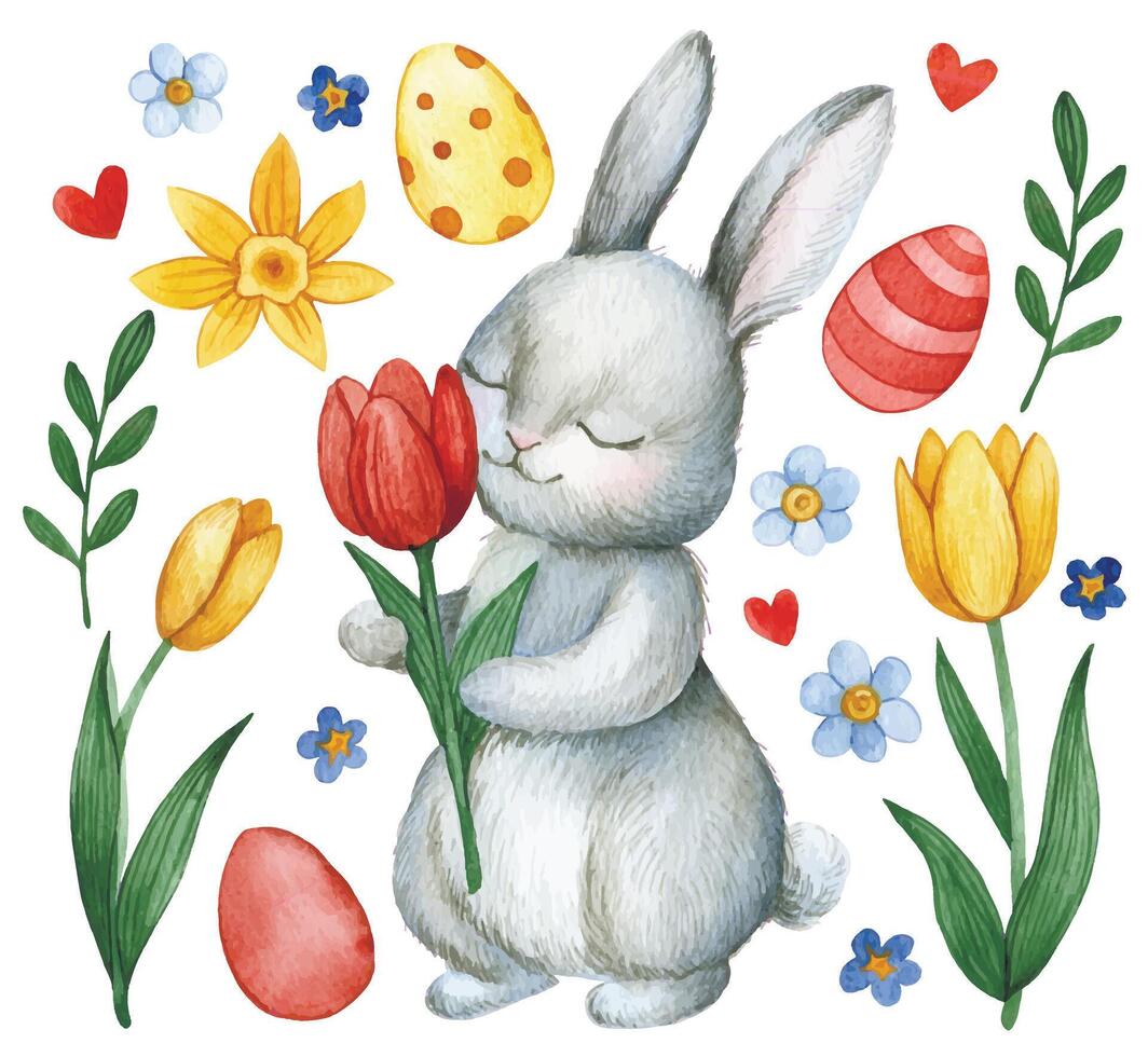 easter set with cute bunny with tulips and easter eggs. watercolor illustration vector