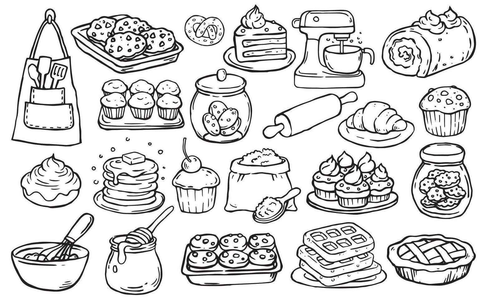 set of homemade baking, cookies, pie, flour, cupcake. illustration in doodle style vector