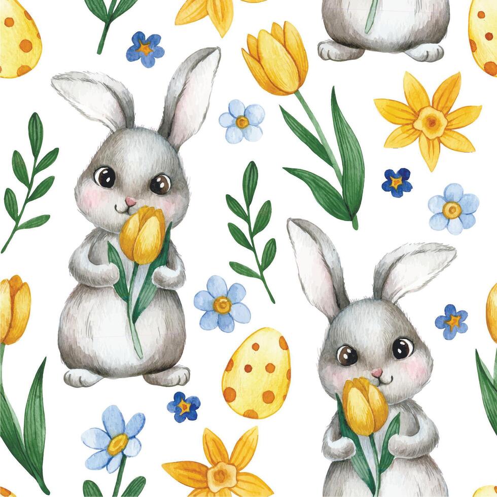 seamless pattern with easter bunnies, yellow flowers tulips and easter eggs. watercolor print vector