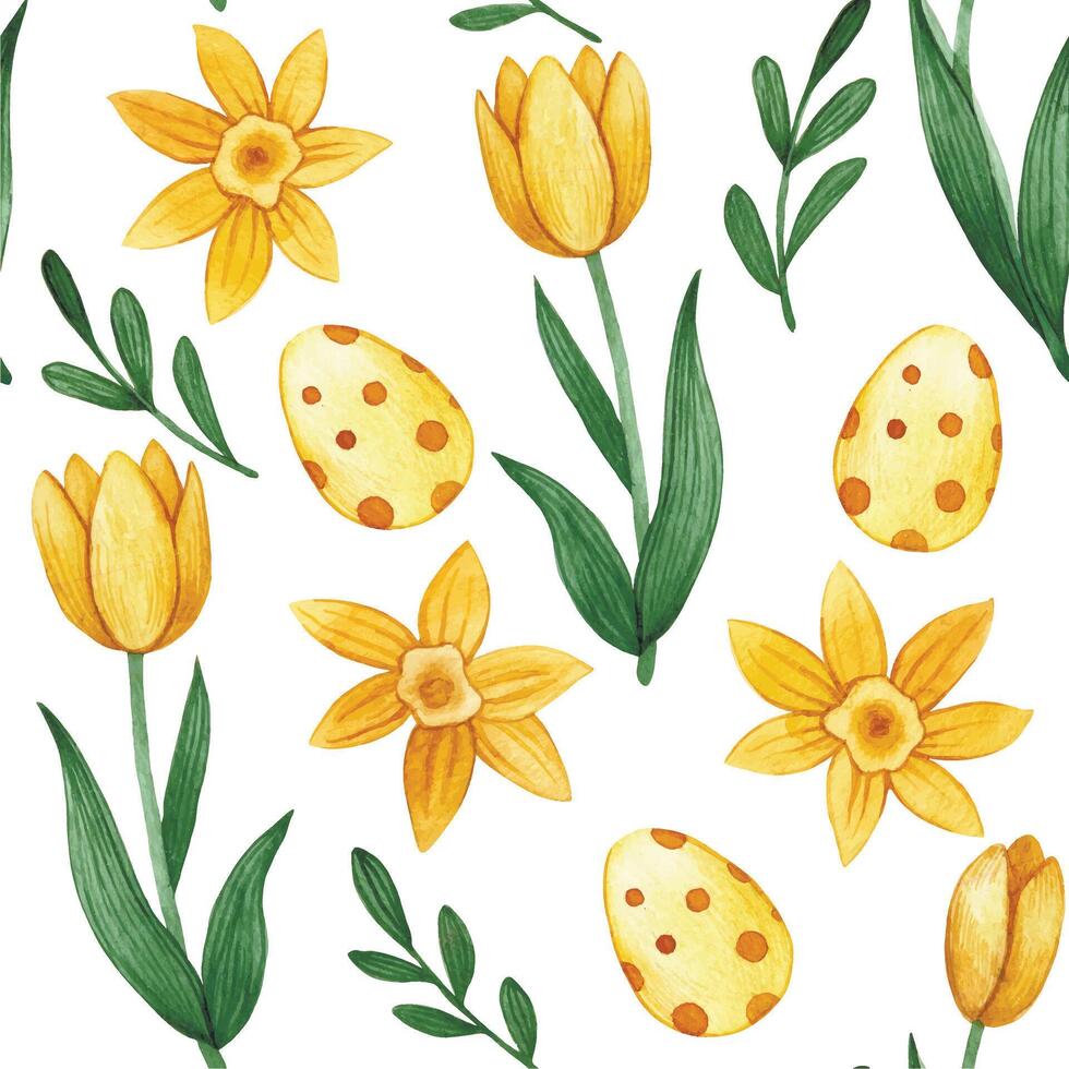 easter seamless pattern with yellow tulips, daffodils and easter eggs. watercolor print vector