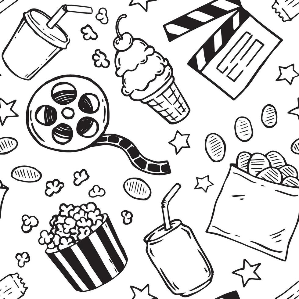 Seamless pattern on the theme of cinema, film strip, popcorn, clapperboard. illustration in doodle style vector