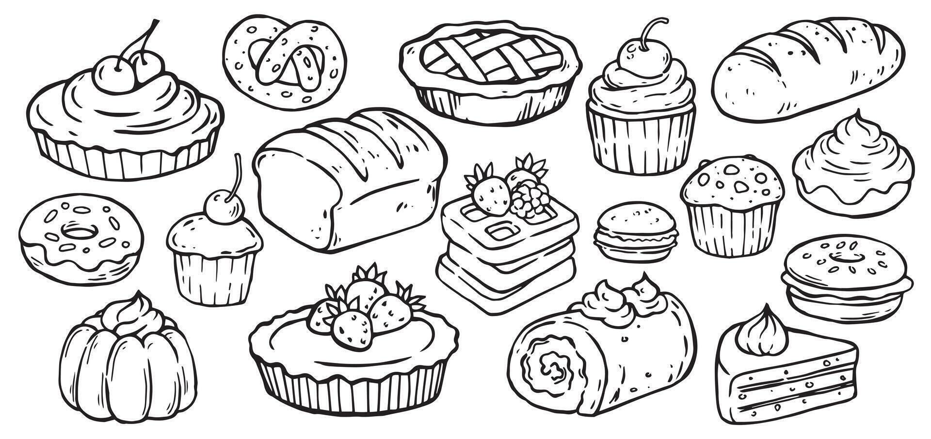 set of pastries, desserts and cakes. illustration in doodle style vector