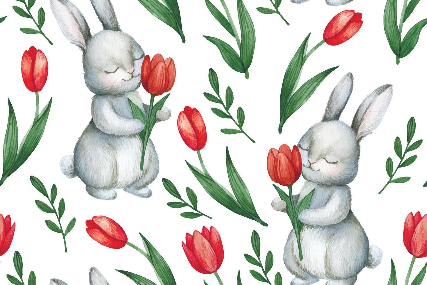 seamless pattern with easter bunnies, pink flowers tulips. watercolor print vector
