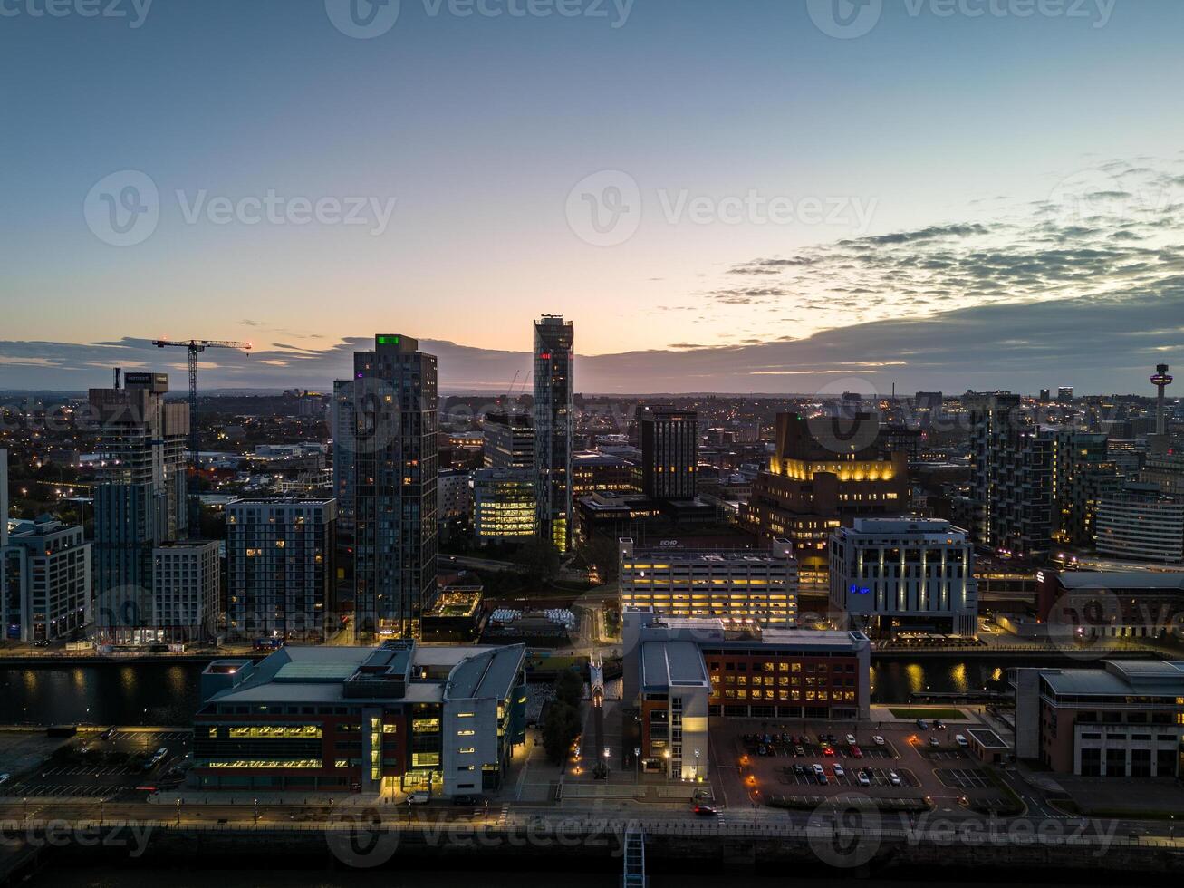 Liverpool Liverpool city center showing modern and traditional architecture at sunset photo