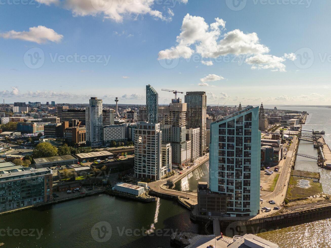 Liverpool Liverpool skyline showing modern and historic buildings on sunny day photo