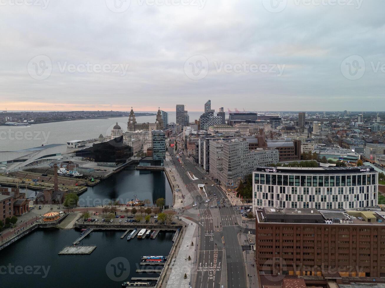 Aerial view of liverpool skyline showing the river mersey and famous landmarks photo