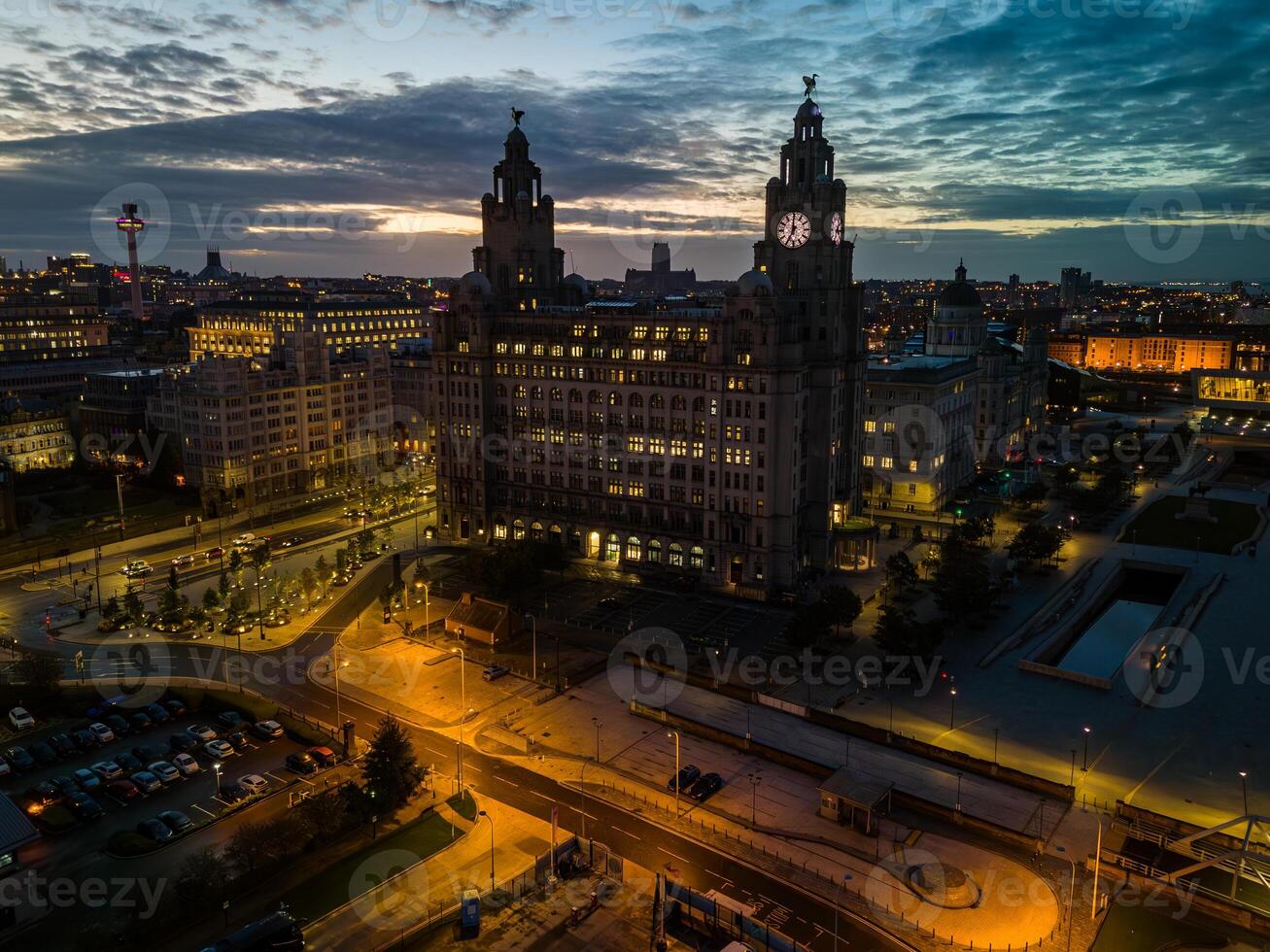 Liverpool Liverpool skyline showing the royal liver building at dusk photo