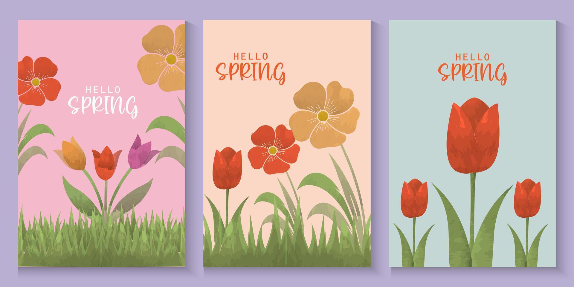 set of spring or mothers day card banners with flowers and the words spring vector