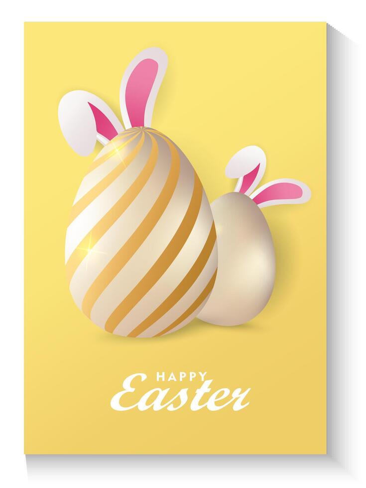 easter day poster card with two eggs and a bunny on a yellow background vector