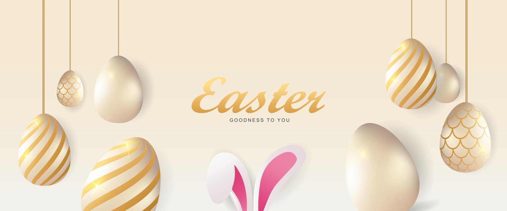 easter banner background with golden eggs and bunny on cream background vector