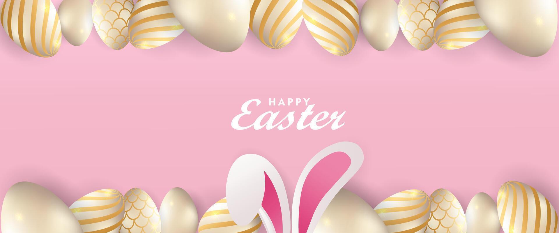 happy easter day banner background with golden eggs and bunny ears vector