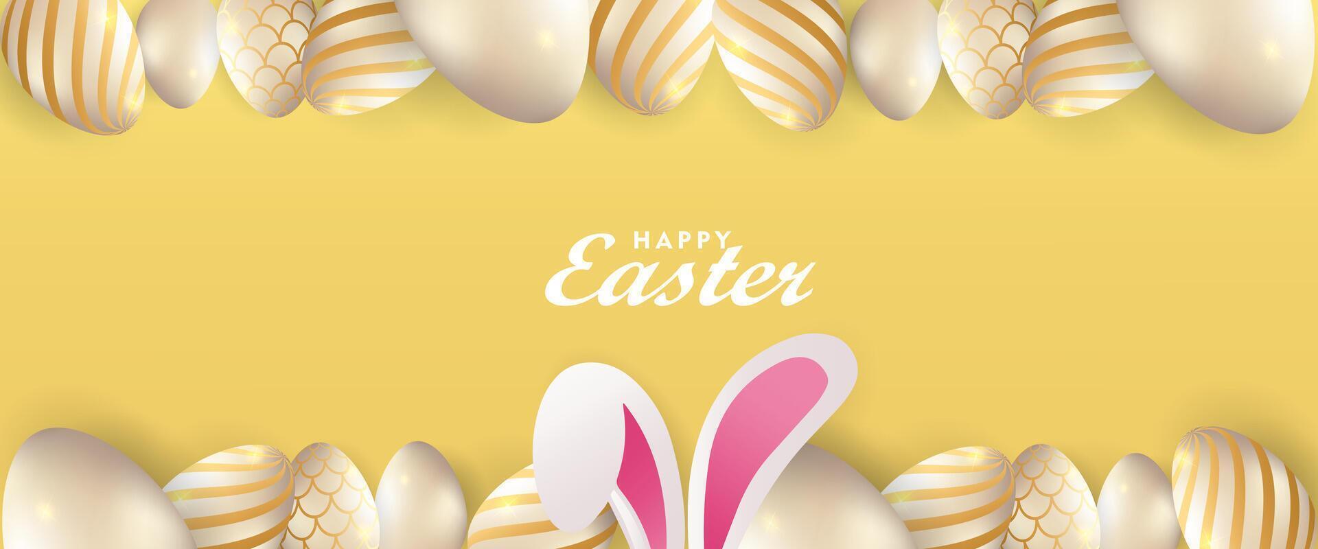 easter banner background with golden eggs and bunny ears vector