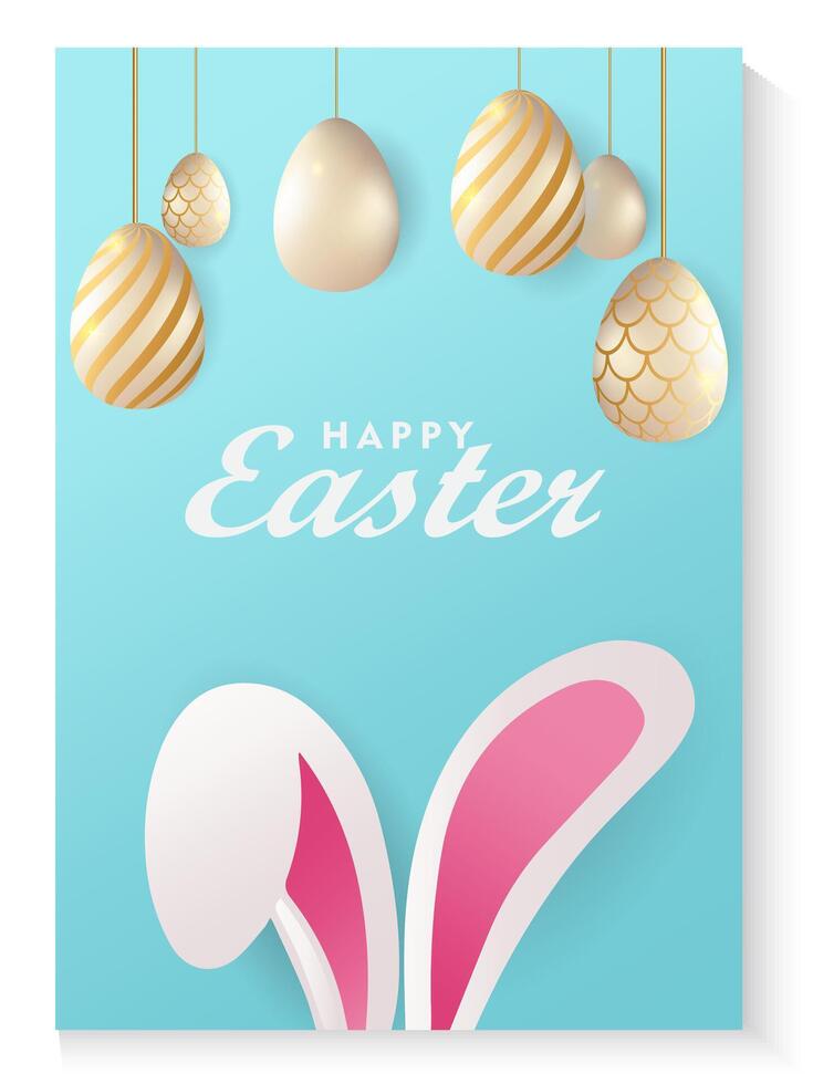 happy easter card with bunny ears and golden eggs vector