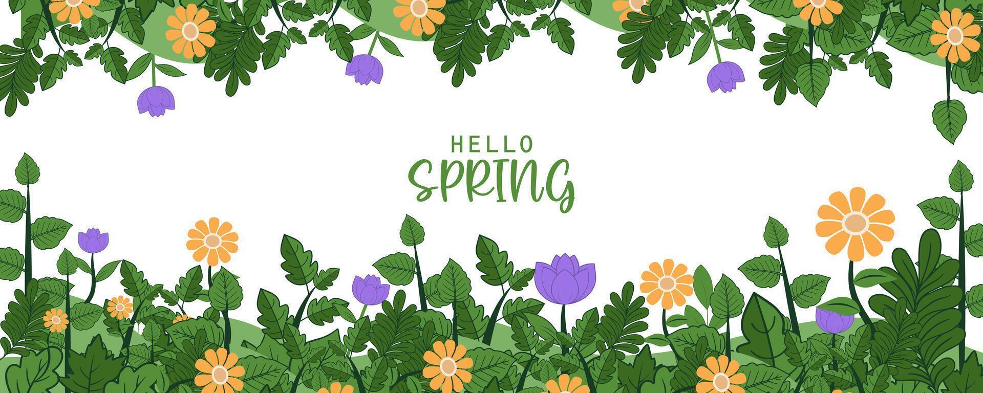 tropical spring or mothers day banner with flowers and grass background with the word hello spring vector
