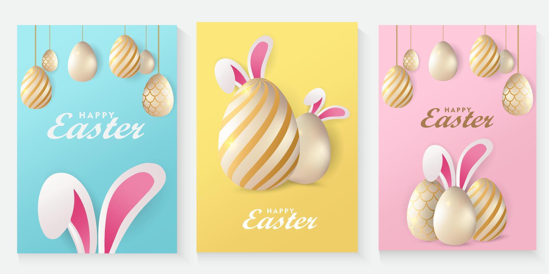 set of easter day poster banners with bunny ears and eggs vector