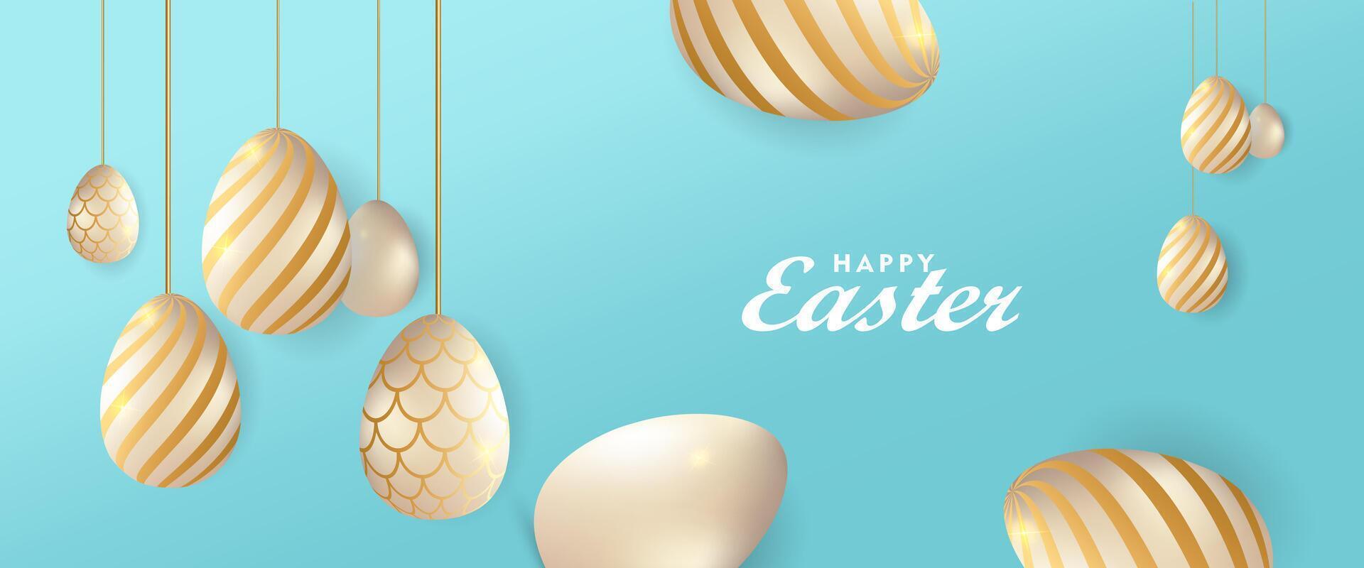 happy easter background with golden eggs and hanging decorations vector