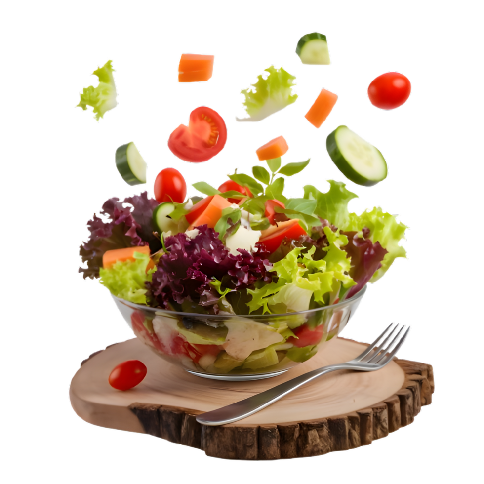 Close-up photo of fresh salad with vegetables in white plate png