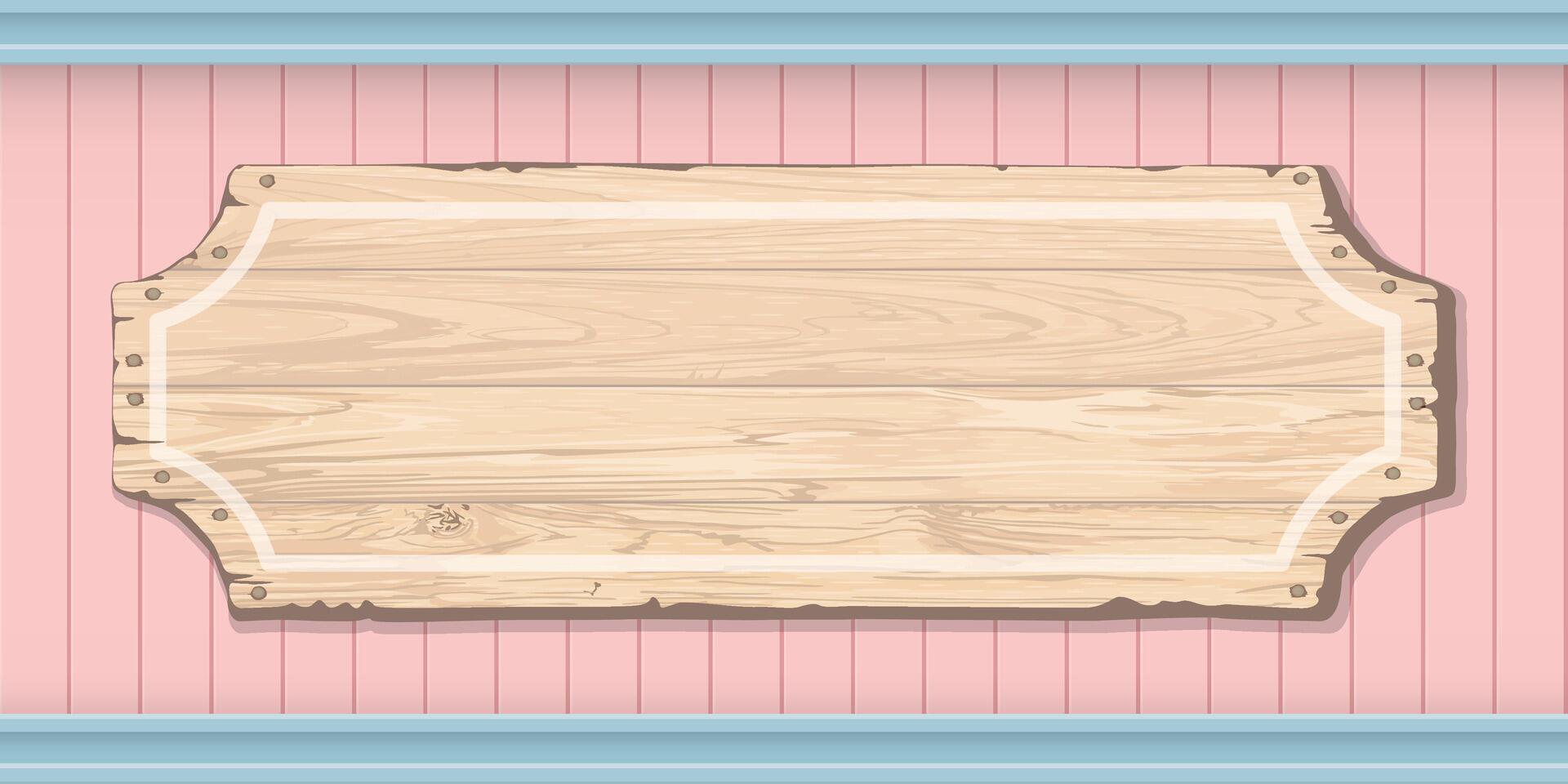 Cut timber panels pink and blue colors background with blank wooden signboard graphic illustration. vector