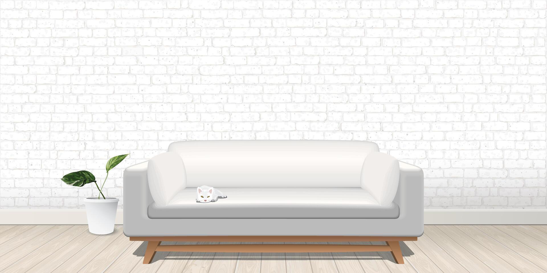 A cat lying on sofa in living room with white brick block wall and whitewashed wooden floor graphic illustration have blank space. vector