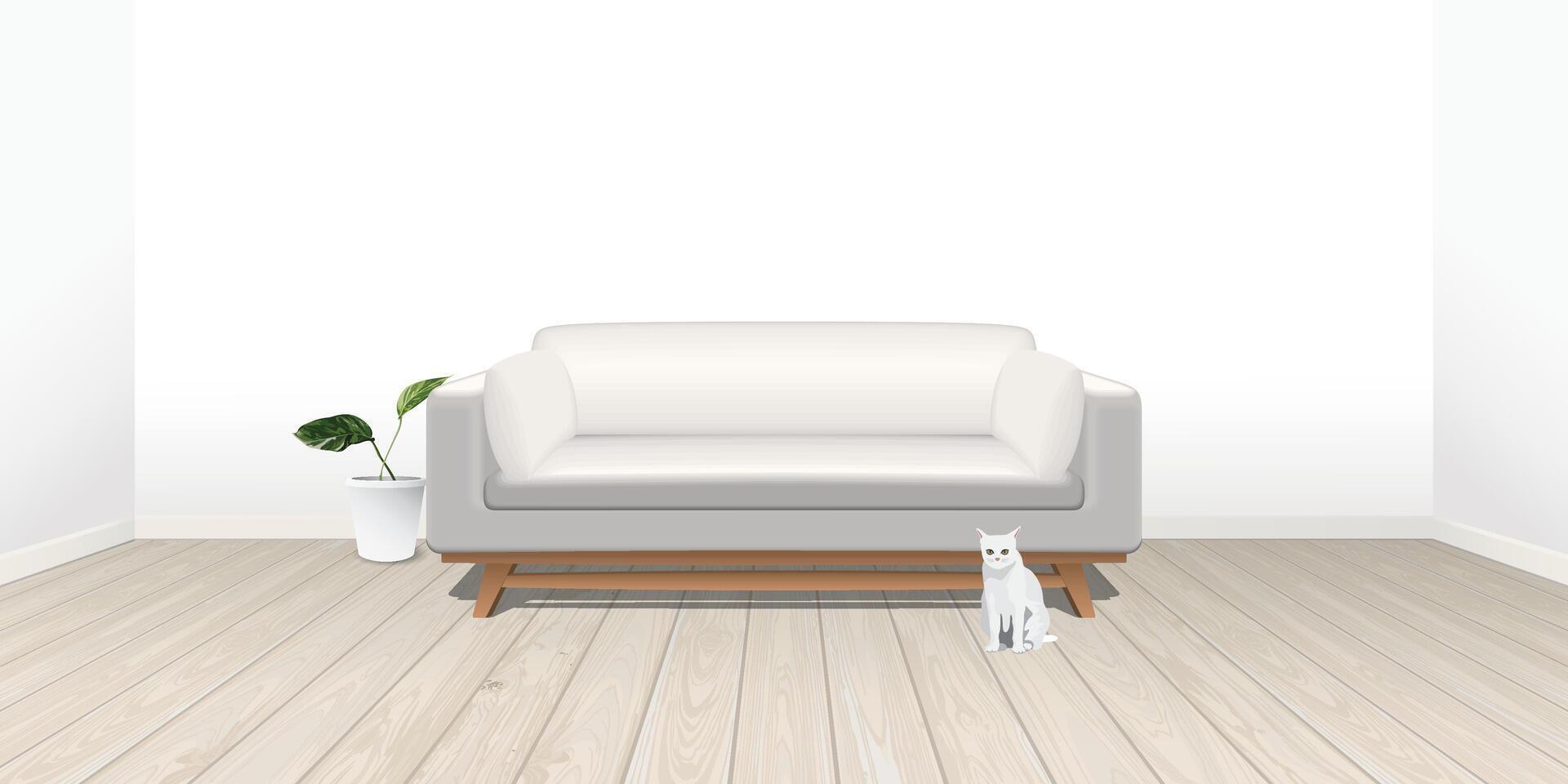 Living room with blank white wall and whitewashed wooden floor have sofa, plant pot and cat graphic illustration. vector