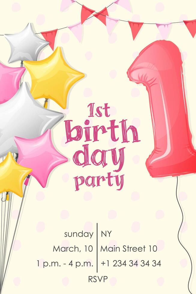 girl birthday invitation with inflatable balloons in the shape of stars and number one in blue flowers vector